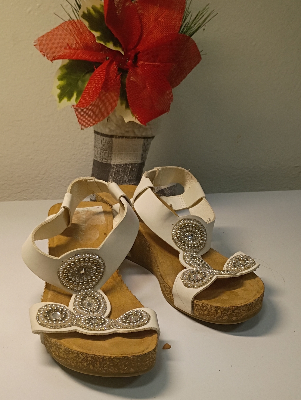 Annie White Beaded Cork Wedge Sandals
